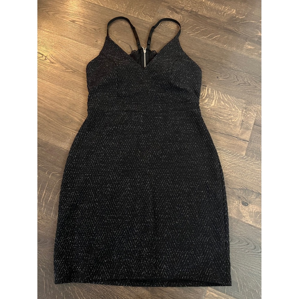 Planet Gold Black Party Dress Sleeveless Mini Sparkle Lined Lace Back Large‎